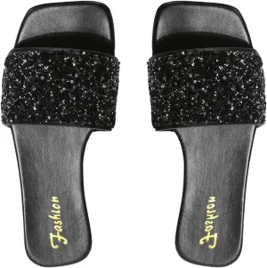 GORGLITTER Women's Rhinestone Sandals Glitter Strappy Sequin Shoes Square Toe Slide Flat Sandals