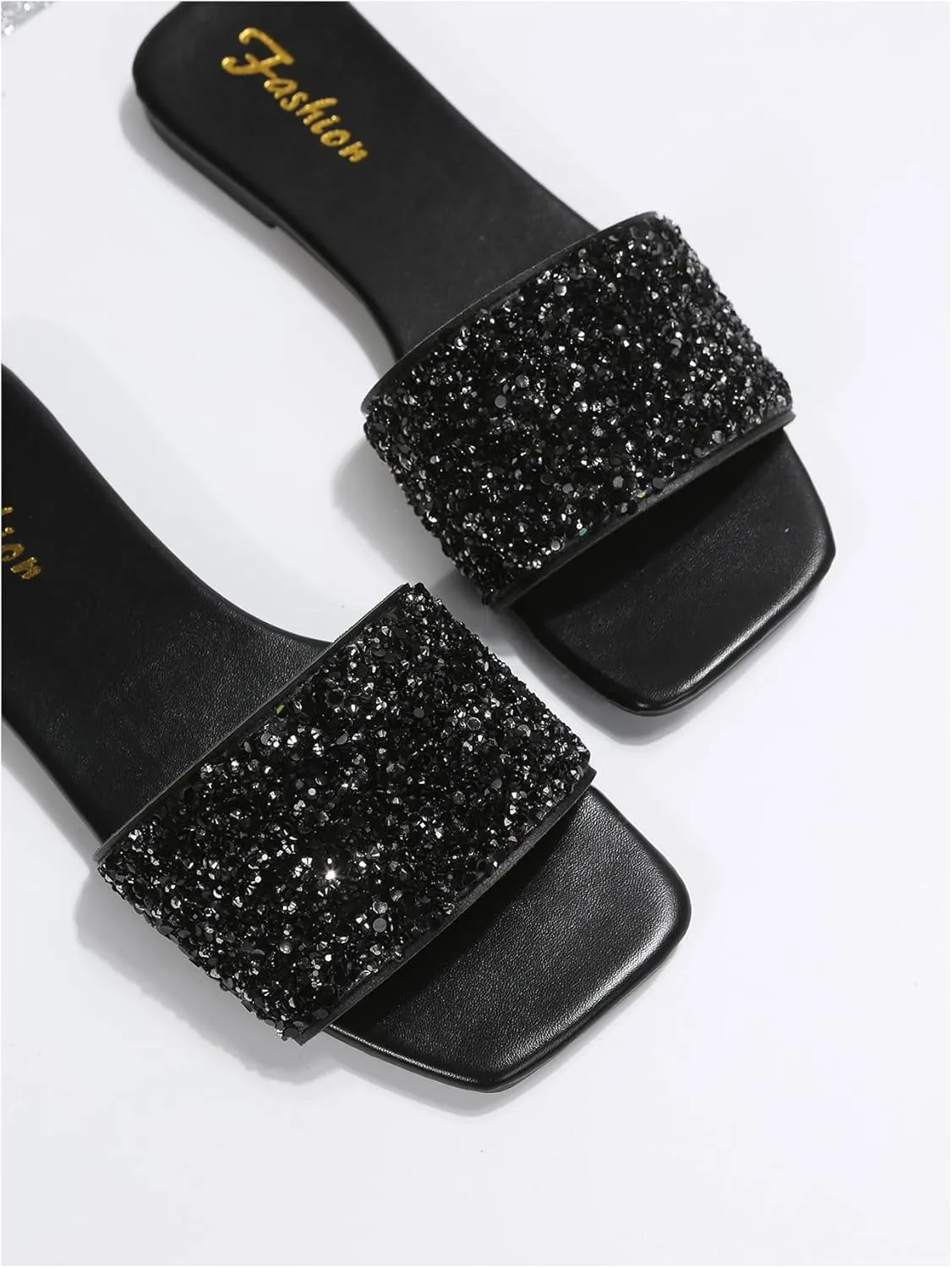 GORGLITTER Women's Rhinestone Sandals Glitter Strappy Sequin Shoes Square Toe Slide Flat Sandals