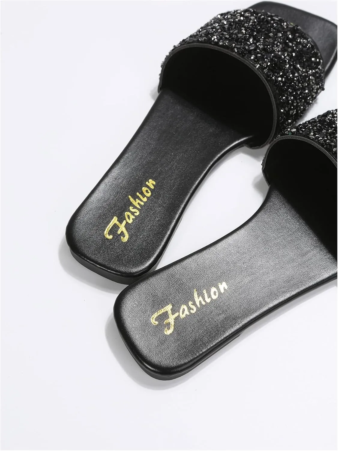 GORGLITTER Women's Rhinestone Sandals Glitter Strappy Sequin Shoes Square Toe Slide Flat Sandals