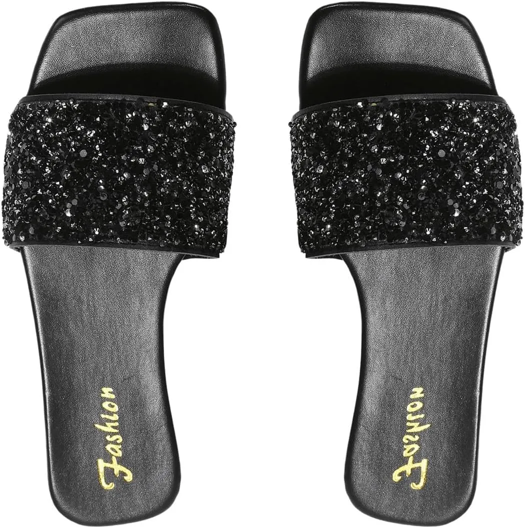 GORGLITTER Women's Rhinestone Sandals Glitter Strappy Sequin Shoes Square Toe Slide Flat Sandals