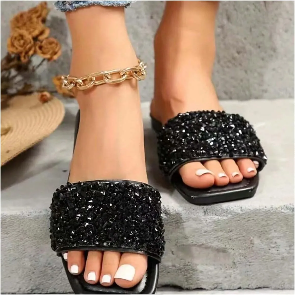 GORGLITTER Women's Sparkly Flat Sandals Strappy Slip on Open Toe Slide Sandals Lightweight Slippers
