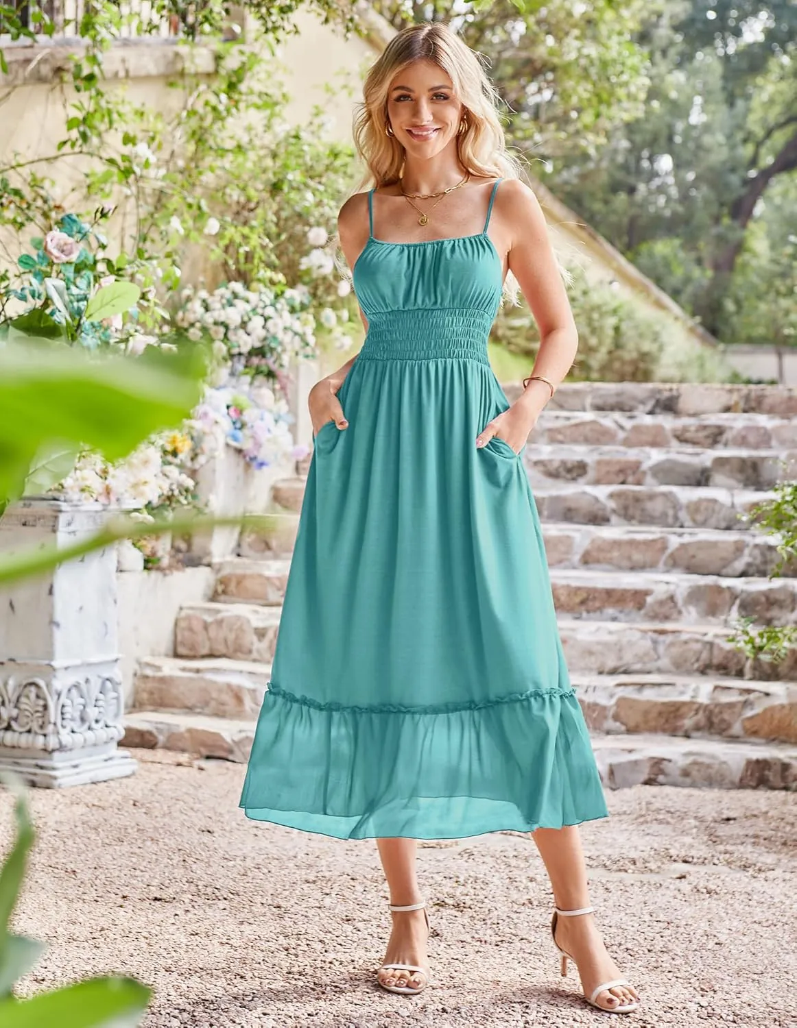 GRACE KARIN Womens 2025 Summer Dress Casual Sleeveless Spaghetti Strap Smocked Ruffle Beach Long Maxi Dress with Pockets