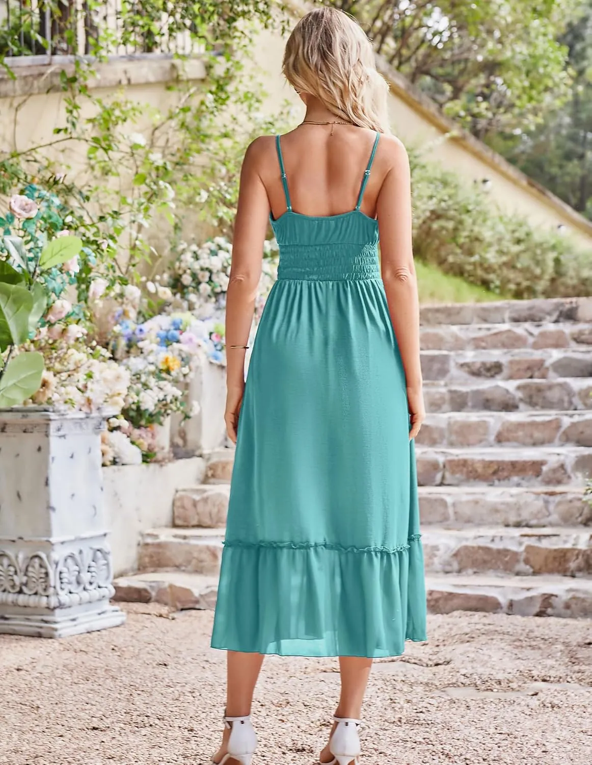 GRACE KARIN Womens 2025 Summer Dress Casual Sleeveless Spaghetti Strap Smocked Ruffle Beach Long Maxi Dress with Pockets