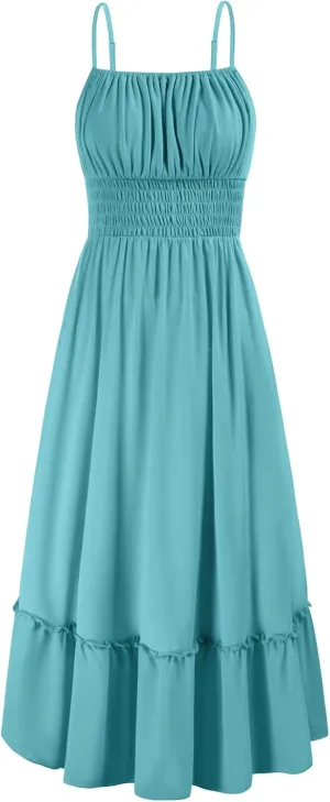 GRACE KARIN Womens 2025 Summer Dress Casual Sleeveless Spaghetti Strap Smocked Ruffle Beach Long Maxi Dress with Pockets