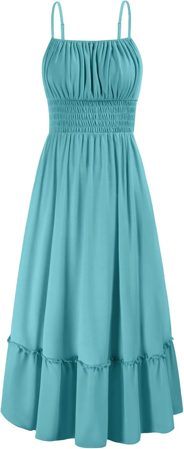 GRACE KARIN Womens 2025 Summer Dress Casual Sleeveless Spaghetti Strap Smocked Ruffle Beach Long Maxi Dress with Pockets