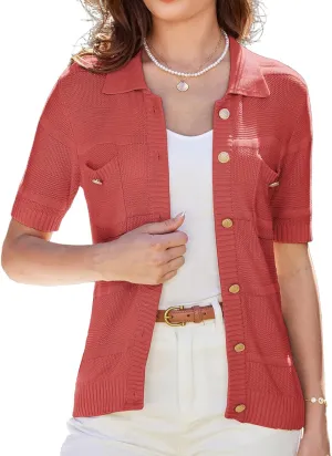 GRACE KARIN Women's Short Sleeve Summer Lightweight Cardigan Sweaters Button Up Polo Neck Crochet Blouse Dressy Casual