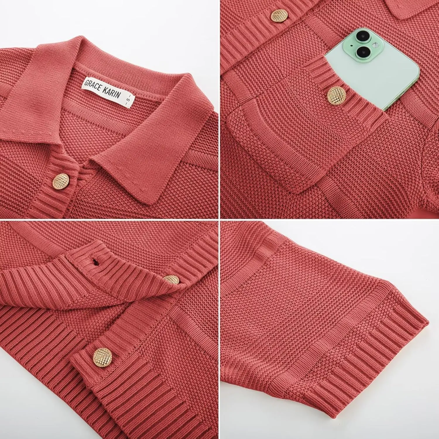 GRACE KARIN Women's Short Sleeve Summer Lightweight Cardigan Sweaters Button Up Polo Neck Crochet Blouse Dressy Casual