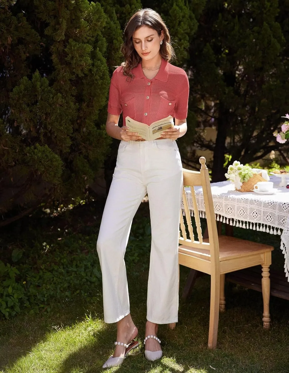 GRACE KARIN Women's Short Sleeve Summer Lightweight Cardigan Sweaters Button Up Polo Neck Crochet Blouse Dressy Casual