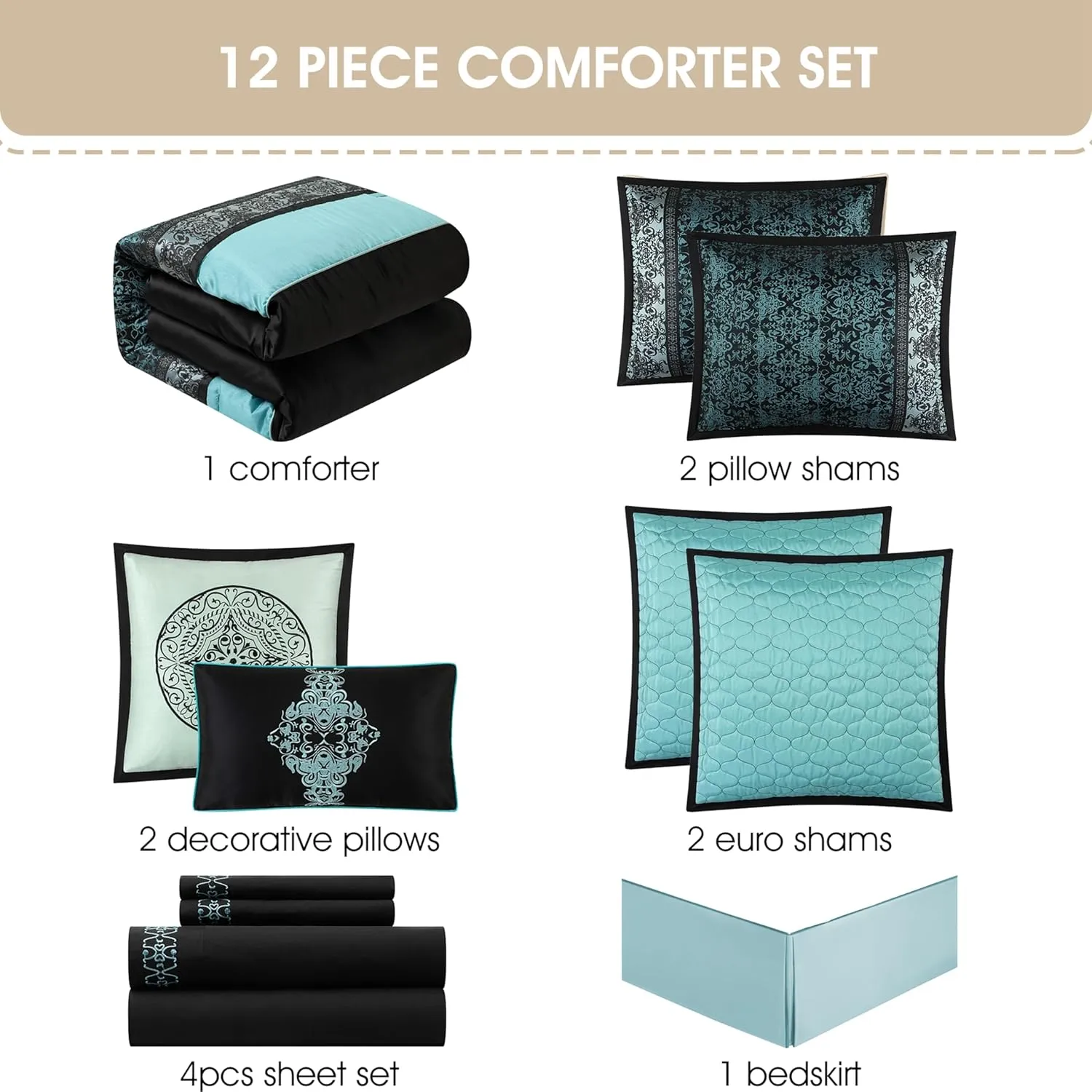 Grand Avenue Black & Teal Comforter Set Queen Size, Classic Jacquard Bedding Sets, Faux Silk, Premium Microfiber, 12 Pieces Bed in a Bag, Matching Fitted Sheet, Flat Sheet