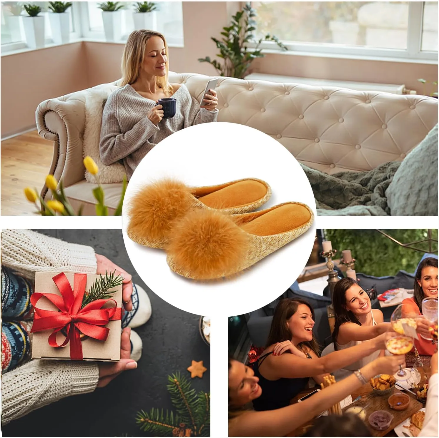 GRITHEIM Women's Fuzzy Pom Pom Velvet Memory Foam House Slippers Ladies Cozy Chenille Knit Bedroom Slippers Non-slip Sole Indoor Outdoor