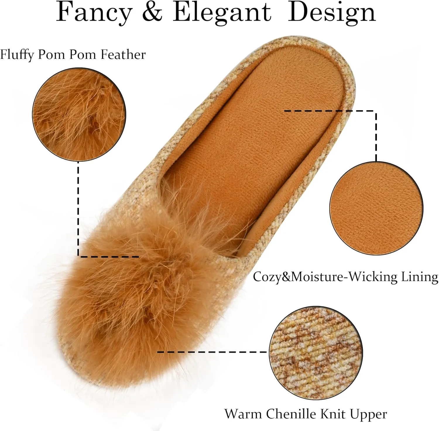 GRITHEIM Women's Fuzzy Pom Pom Velvet Memory Foam House Slippers Ladies Cozy Chenille Knit Bedroom Slippers Non-slip Sole Indoor Outdoor