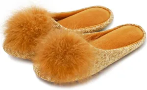 GRITHEIM Women's Fuzzy Pom Pom Velvet Memory Foam House Slippers Ladies Cozy Chenille Knit Bedroom Slippers Non-slip Sole Indoor Outdoor