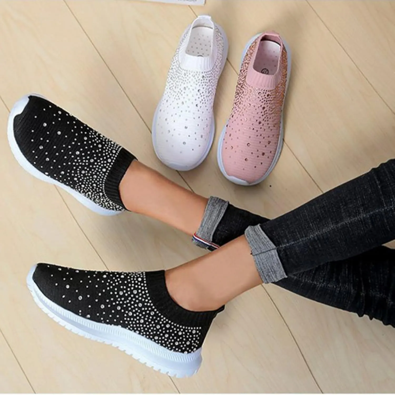 GUTZBSY Womens Rhinestones Glitter Fashion Mesh Walking Shoe,Bling Sneakers for Women Rhinestones