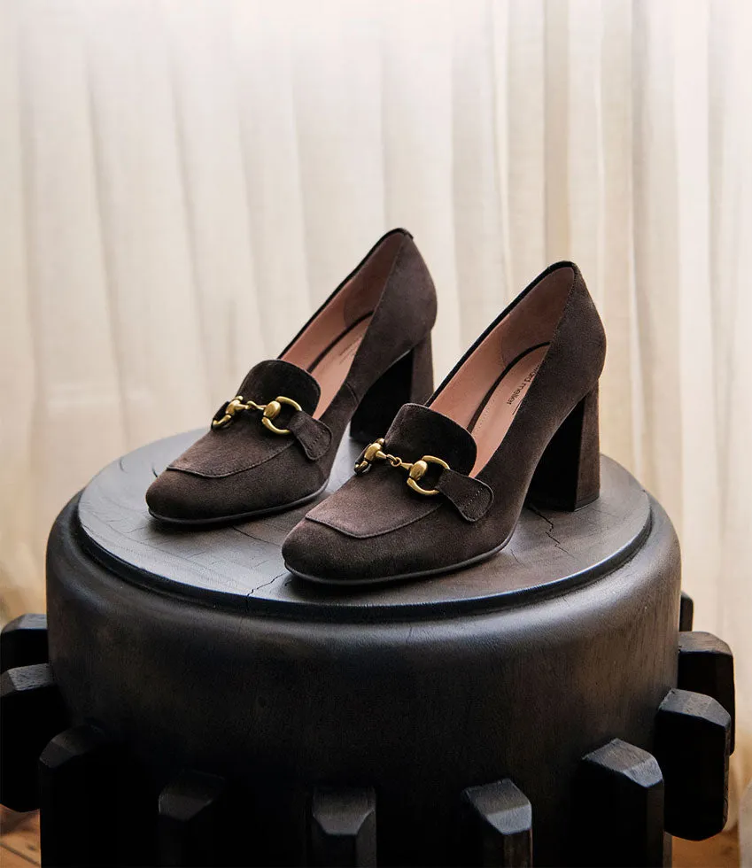 HADLEY85 Heeled Loafer in Chocolate Suede