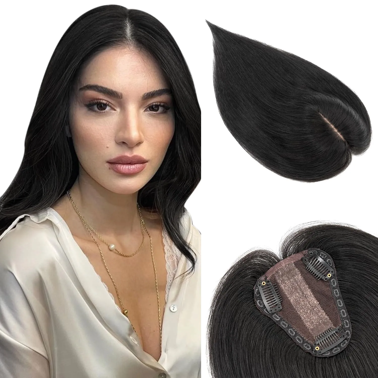 Hair Toppers for Women Real Human Hair, 8x10cm Jet Black Remy Hair Topper for Women with Thinning Hair Topper Wiglets Top Hair Piece to Cover Grey Hair(10 Inch,Jet Black)