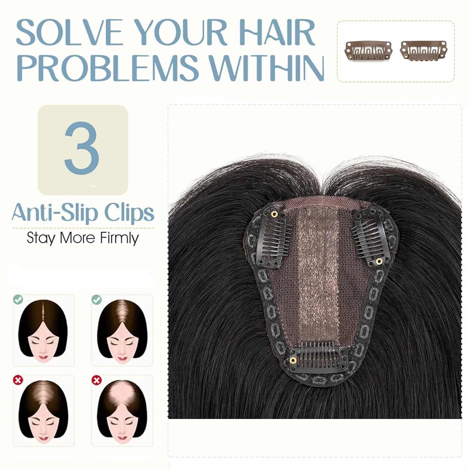 Hair Toppers for Women Real Human Hair, 8x10cm Jet Black Remy Hair Topper for Women with Thinning Hair Topper Wiglets Top Hair Piece to Cover Grey Hair(10 Inch,Jet Black)