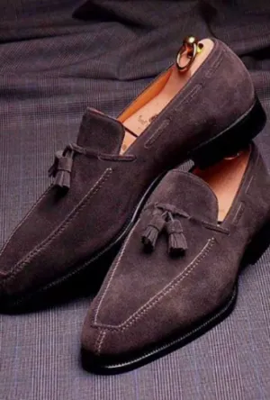 Handmade Men Brown Suede Slip Ons Tassels Office Loafers Shoes, Dress Moccasins