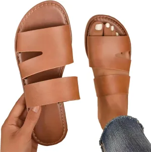 Hbeylia Flat Slides for Women,Womens Fashion Dual Strap Flat Sandal Open Toe Soft Sole Studded Slide Sandals Slip on Cute Low Heels Flat Sandals for Summer Casual Wear