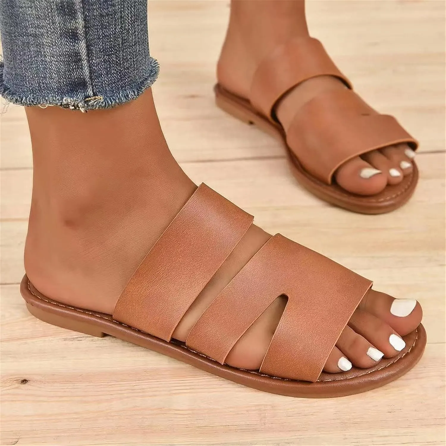 Hbeylia Flat Slides for Women,Womens Fashion Dual Strap Flat Sandal Open Toe Soft Sole Studded Slide Sandals Slip on Cute Low Heels Flat Sandals for Summer Casual Wear