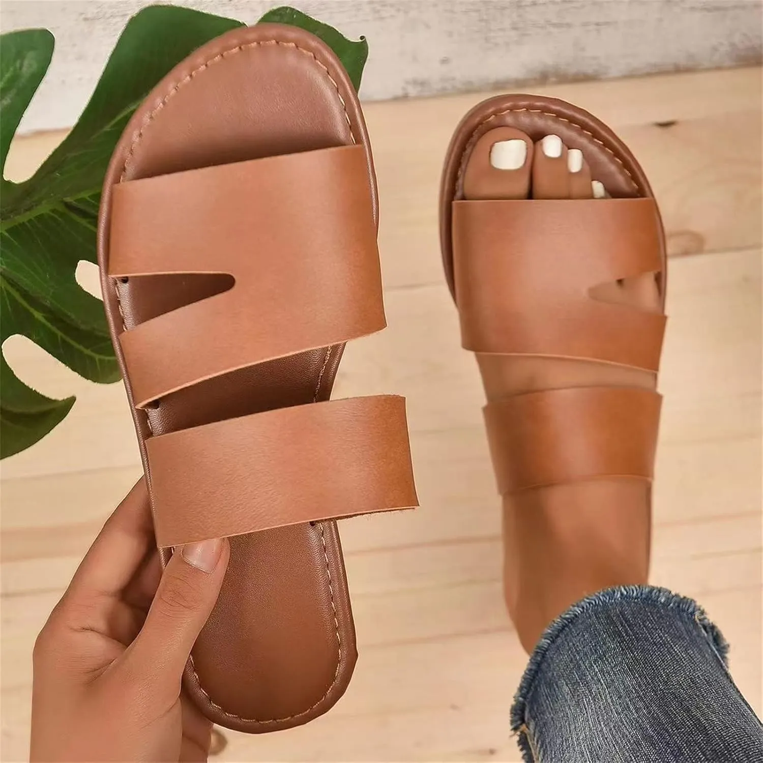 Hbeylia Flat Slides for Women,Womens Fashion Dual Strap Flat Sandal Open Toe Soft Sole Studded Slide Sandals Slip on Cute Low Heels Flat Sandals for Summer Casual Wear