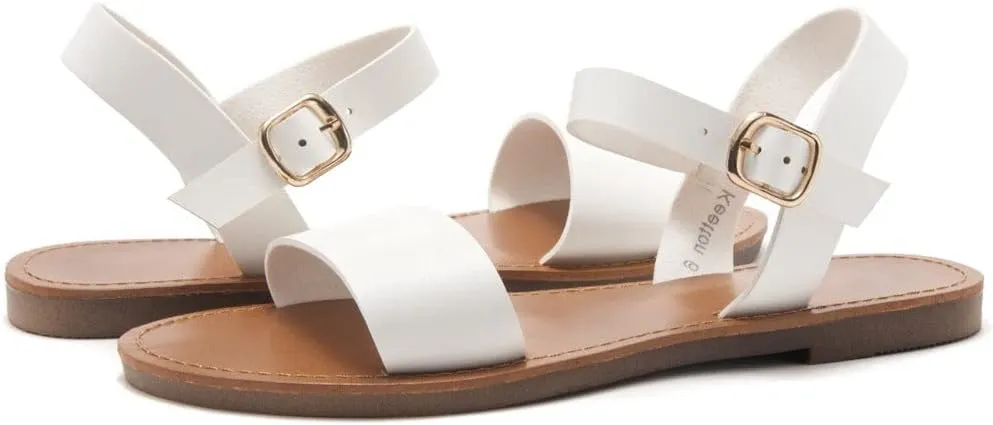 Herstyle Keetton Women's Flat Sandals Open Toe Ladies Dressy Sandals Black White Cognac Flat Sandals Ankle Strap Comfy Casual Sandal for Summer