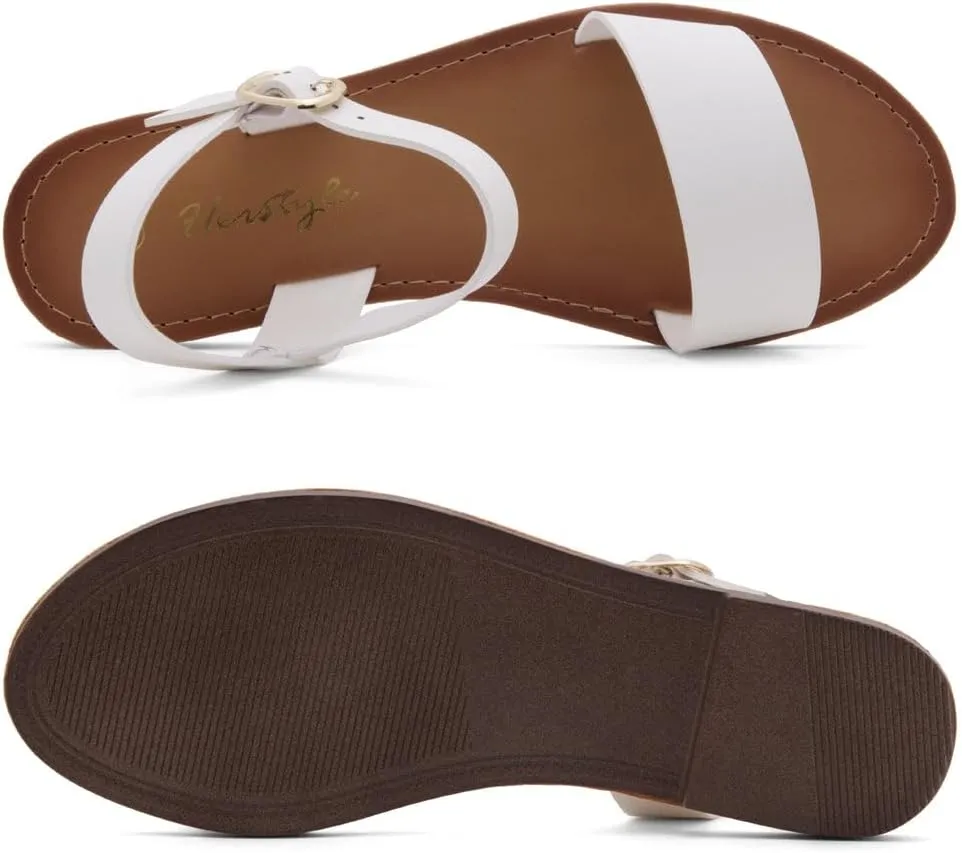 Herstyle Keetton Women's Flat Sandals Open Toe Ladies Dressy Sandals Black White Cognac Flat Sandals Ankle Strap Comfy Casual Sandal for Summer