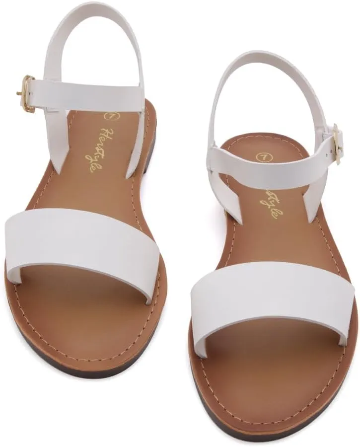Herstyle Keetton Women's Flat Sandals Open Toe Ladies Dressy Sandals Black White Cognac Flat Sandals Ankle Strap Comfy Casual Sandal for Summer