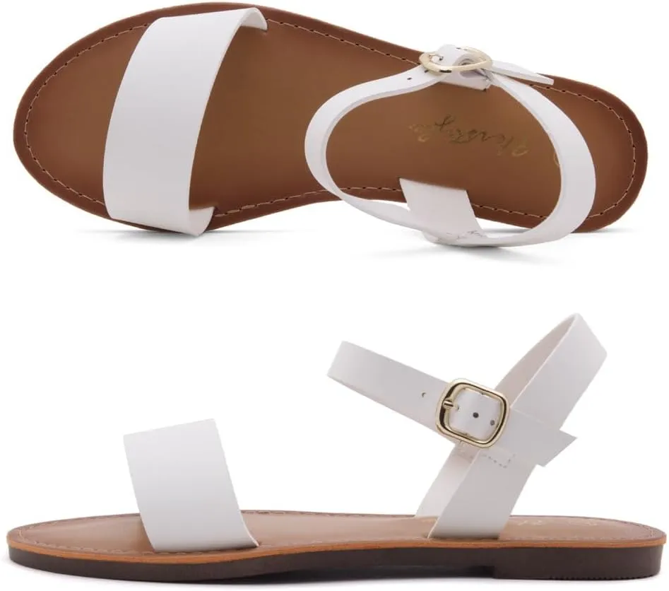 Herstyle Keetton Women's Flat Sandals Open Toe Ladies Dressy Sandals Black White Cognac Flat Sandals Ankle Strap Comfy Casual Sandal for Summer