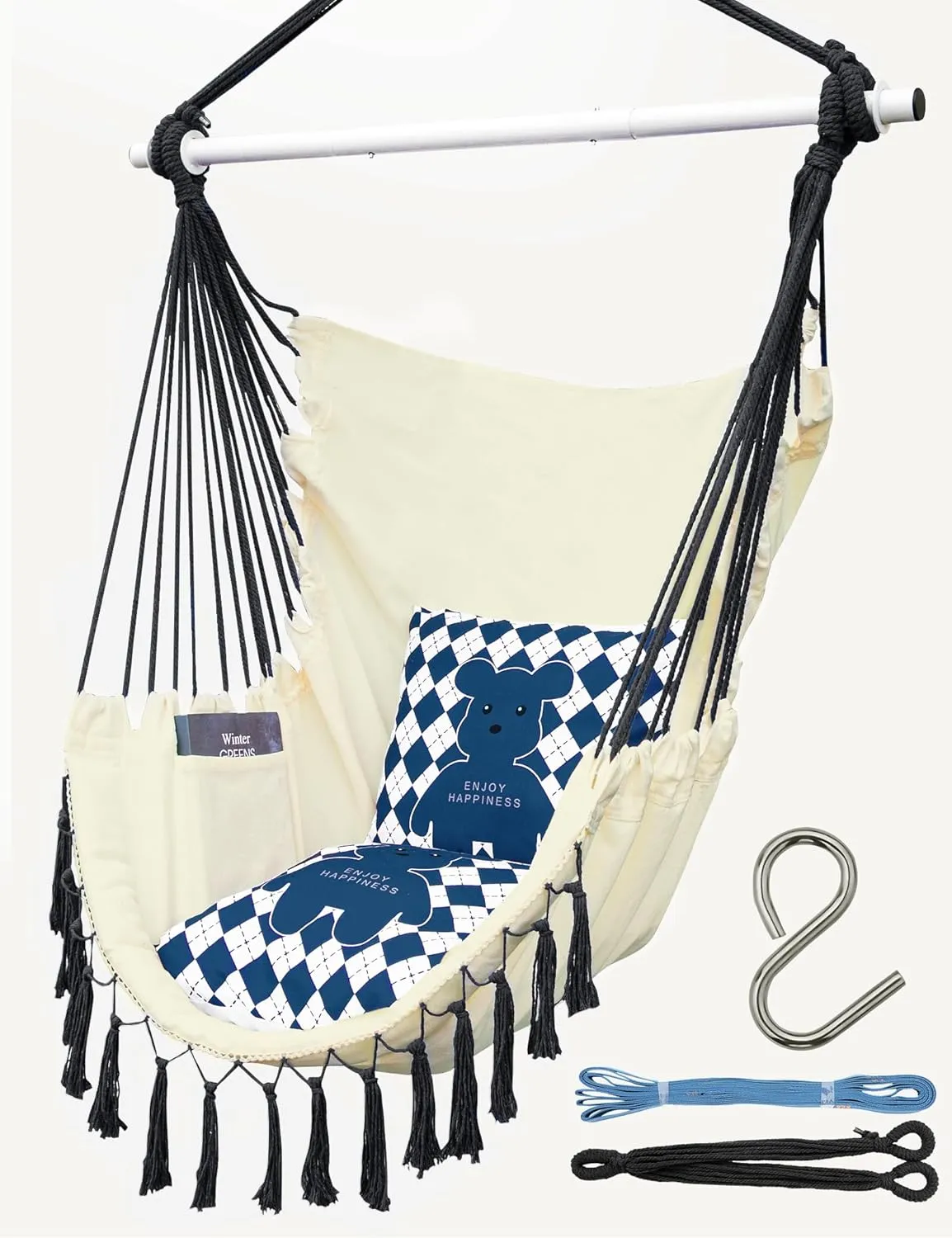High Density Hammock Chair Swing with Tassels, Max 355 Lbs, Comfy Hanging Chair with Side Pocket, Includes Cute Cushions & Hanging Kits, Perfect for Parent & Child Reading, Indoor/Outdoor Use (Blue)