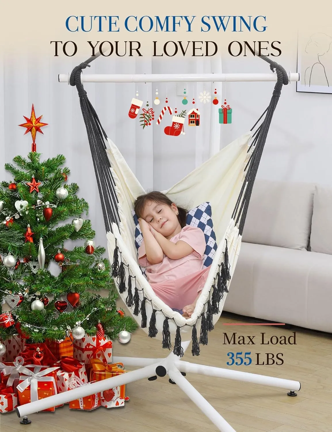 High Density Hammock Chair Swing with Tassels, Max 355 Lbs, Comfy Hanging Chair with Side Pocket, Includes Cute Cushions & Hanging Kits, Perfect for Parent & Child Reading, Indoor/Outdoor Use (Blue)