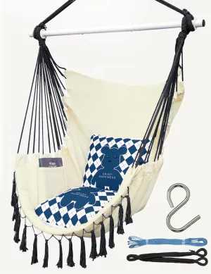 High Density Hammock Chair Swing with Tassels, Max 355 Lbs, Comfy Hanging Chair with Side Pocket, Includes Cute Cushions & Hanging Kits, Perfect for Parent & Child Reading, Indoor/Outdoor Use (Blue)