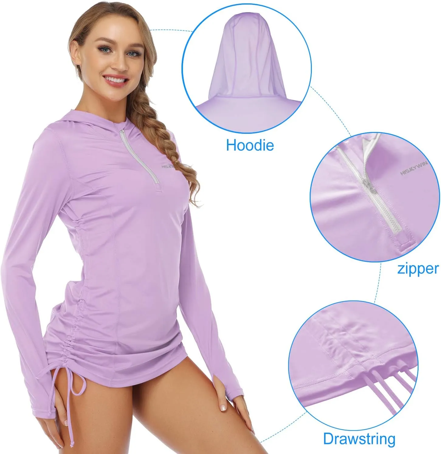 HISKYWIN Womens Hoodie Thumb Hole UV Sun Protection Rash Guard Side Adjustable Wetsuit Swimsuit Top