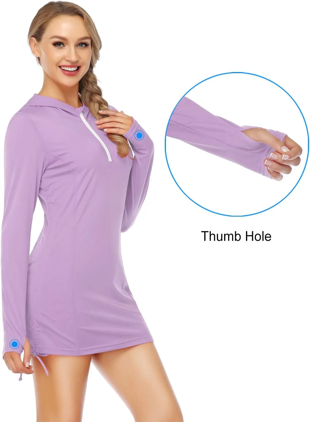 HISKYWIN Womens Hoodie Thumb Hole UV Sun Protection Rash Guard Side Adjustable Wetsuit Swimsuit Top
