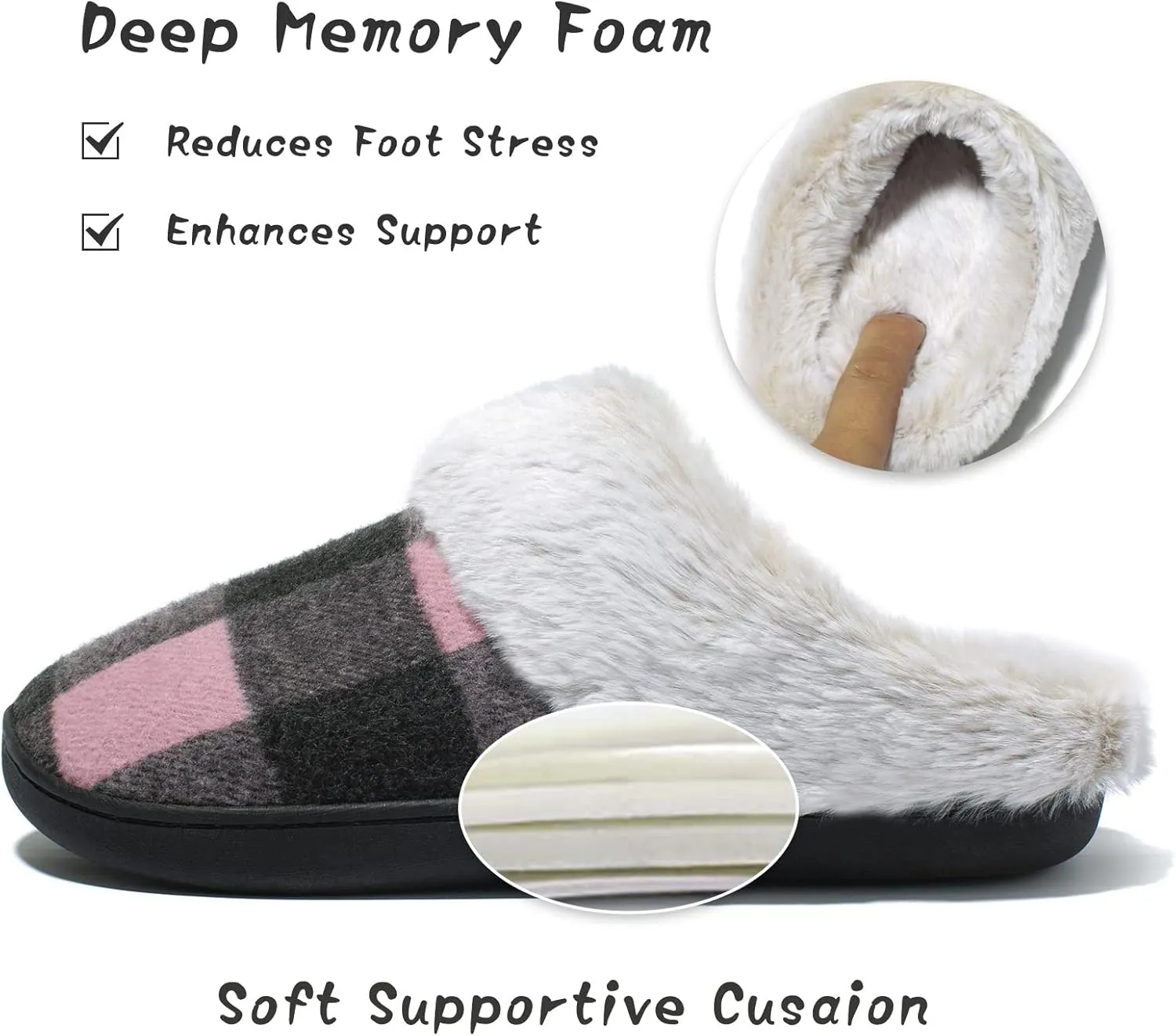 House Slippers for Women Indoor and Outdoor Memory Foam Fuzzy Slippers Bedroom Buffalo plaid Slip-on Shoes Christmas Gift