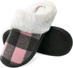 House Slippers for Women Indoor and Outdoor Memory Foam Fuzzy Slippers Bedroom Buffalo plaid Slip-on Shoes Christmas Gift