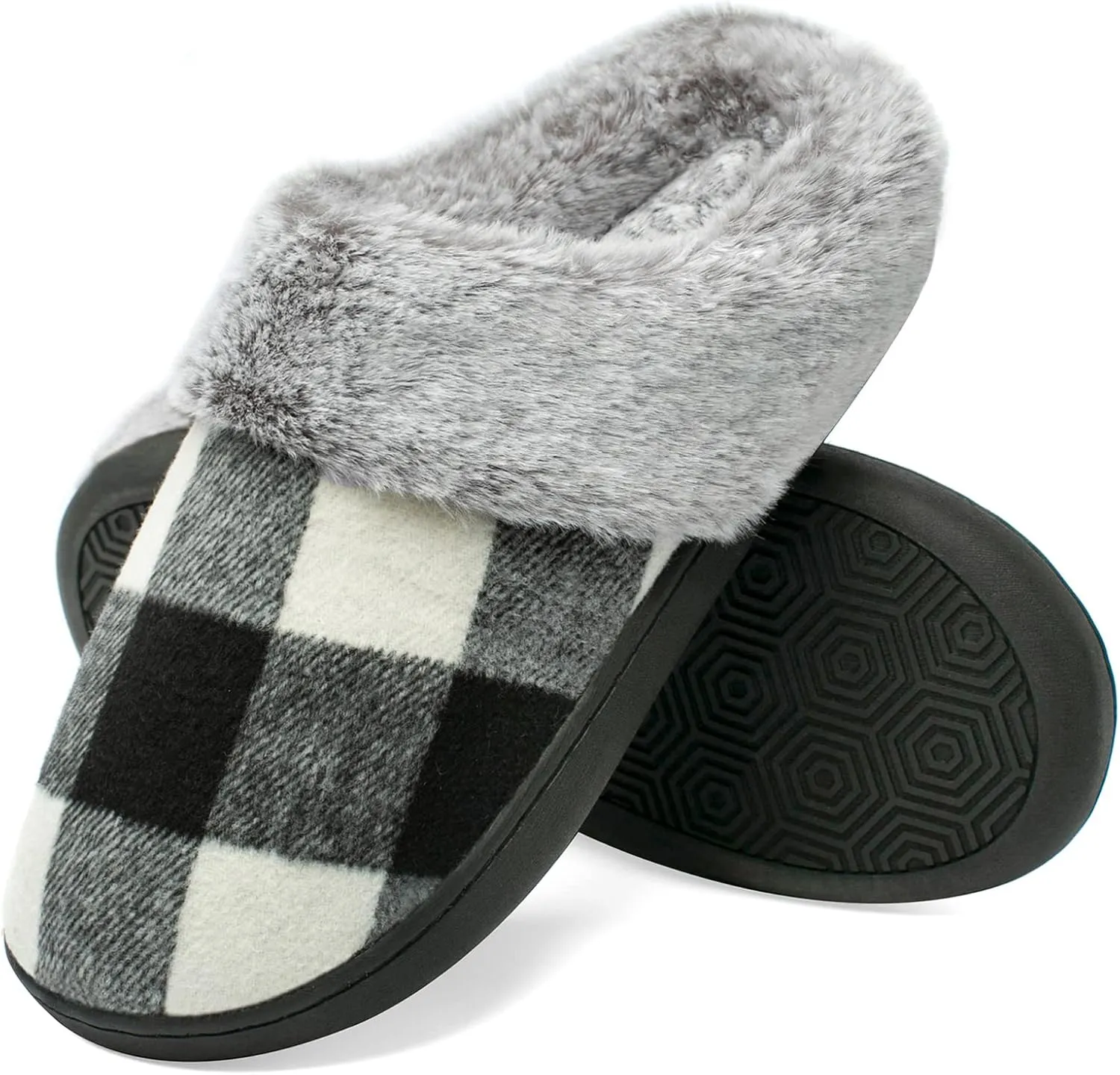House Slippers for Women Indoor and Outdoor Memory Foam Fuzzy Slippers Bedroom Buffalo plaid Slip-on Shoes Christmas Gift