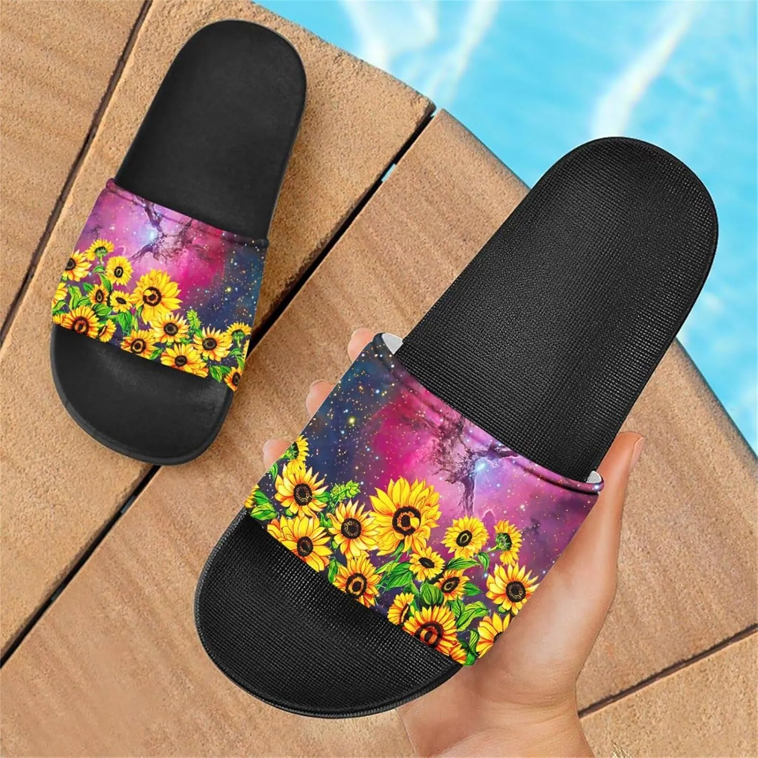 Howilath Novelty Sunflowers Pattern Slide Sandals for Women Girls, Comfotable Open Toe Non Slip Single Band Slide Sandals