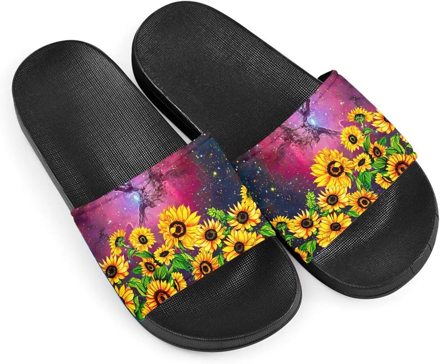 Howilath Novelty Sunflowers Pattern Slide Sandals for Women Girls, Comfotable Open Toe Non Slip Single Band Slide Sandals