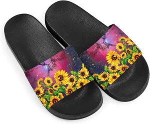 Howilath Novelty Sunflowers Pattern Slide Sandals for Women Girls, Comfotable Open Toe Non Slip Single Band Slide Sandals