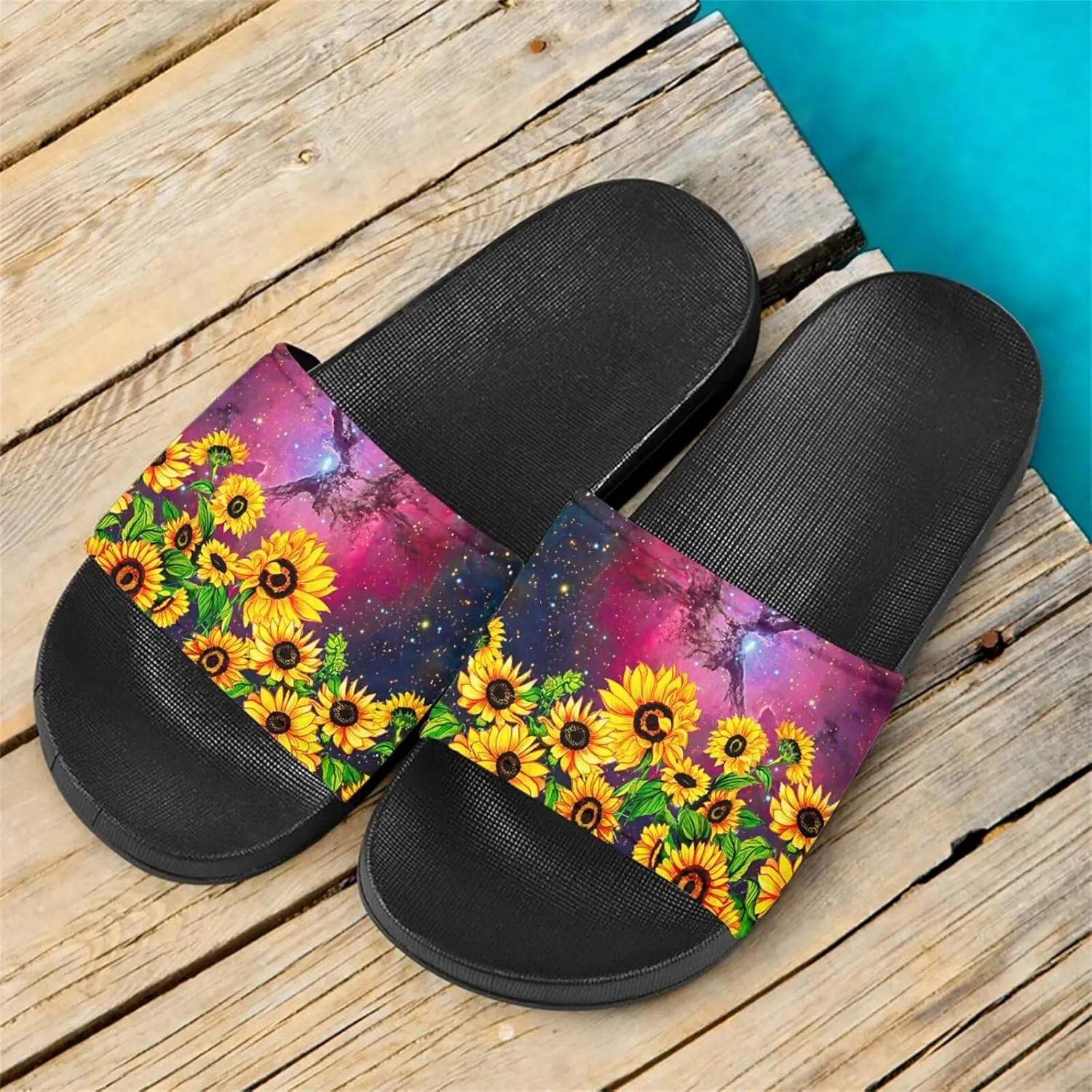 Howilath Novelty Sunflowers Pattern Slide Sandals for Women Girls, Comfotable Open Toe Non Slip Single Band Slide Sandals