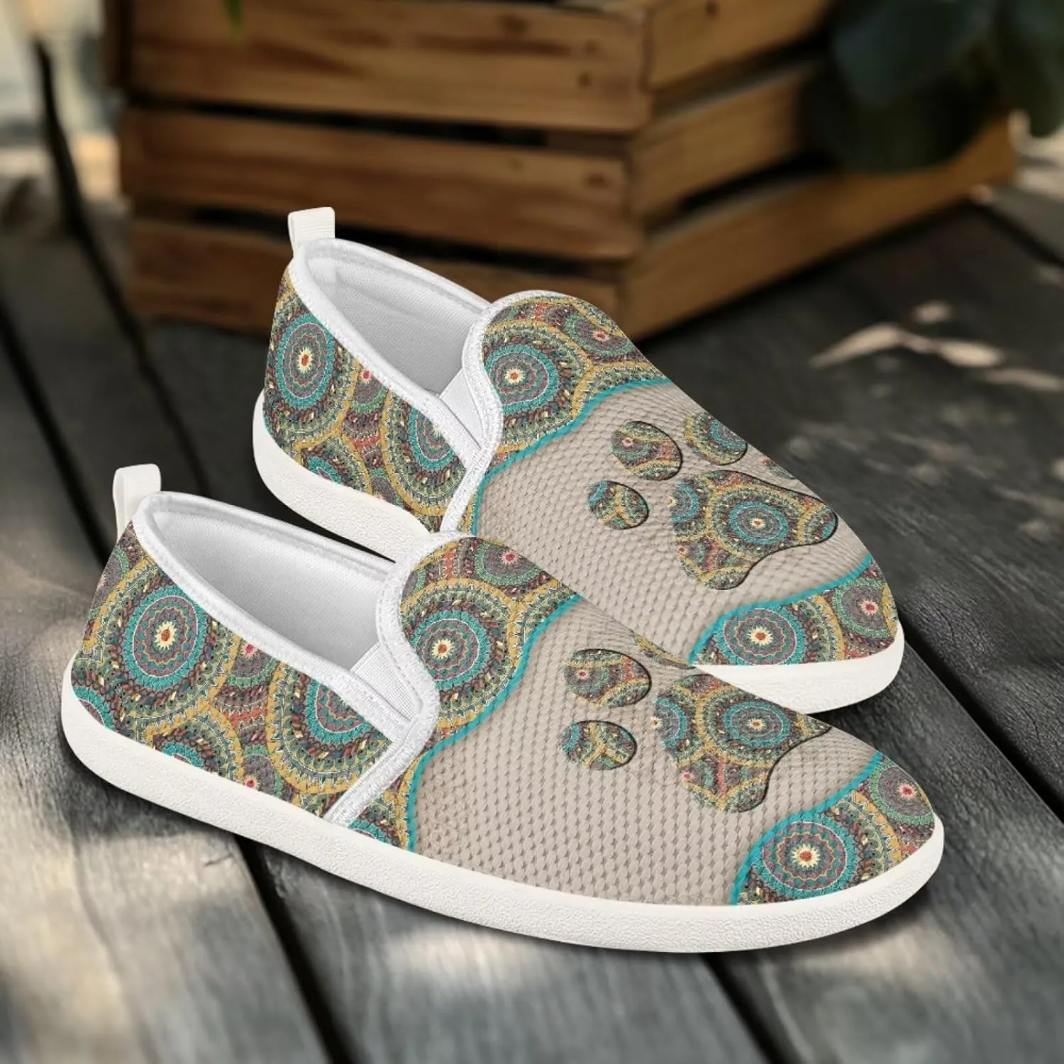 Howilath Western Aztec Print Mesh Sneakers Women Slip on Loafers Casual Breathable Shoes Walking Shoes