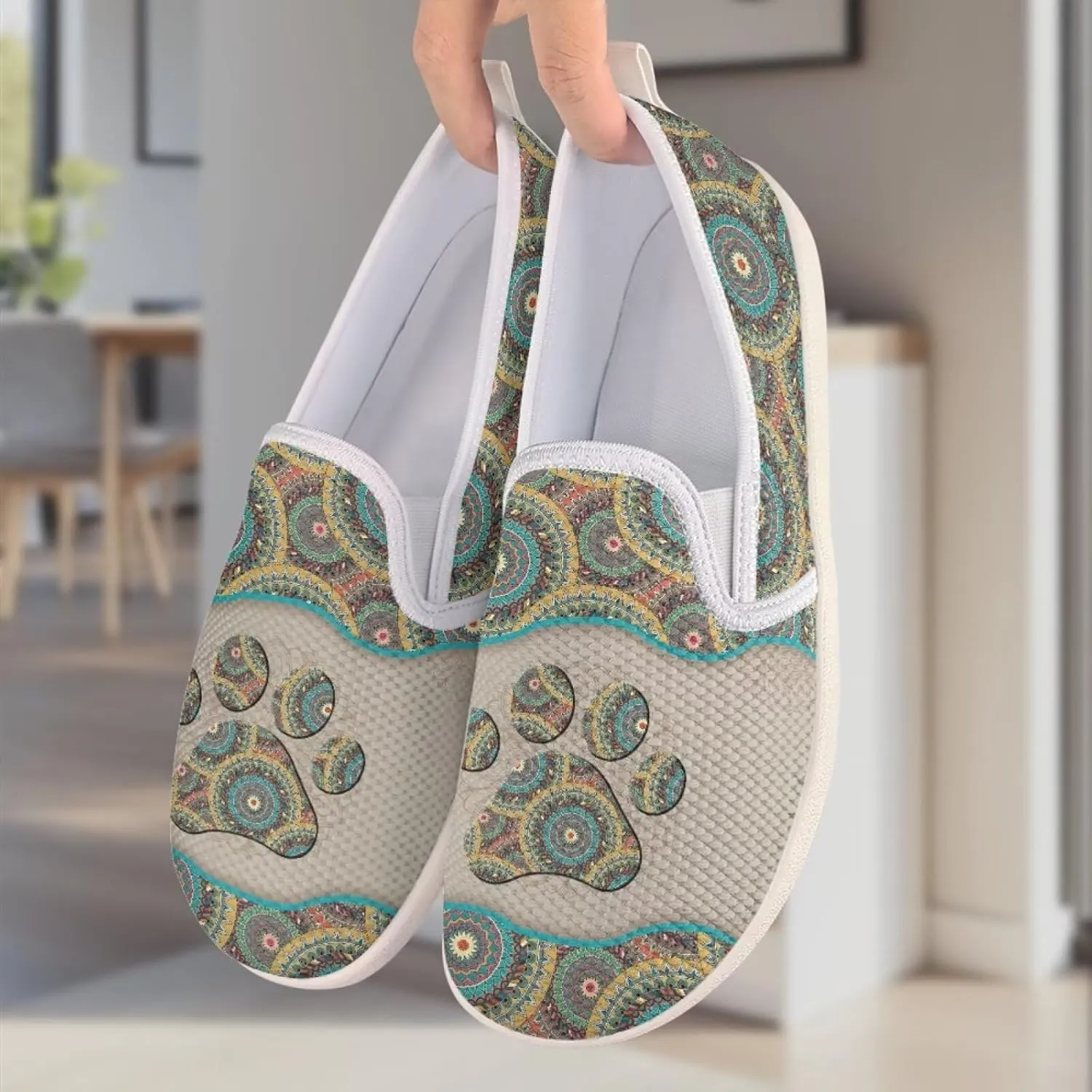 Howilath Western Aztec Print Mesh Sneakers Women Slip on Loafers Casual Breathable Shoes Walking Shoes