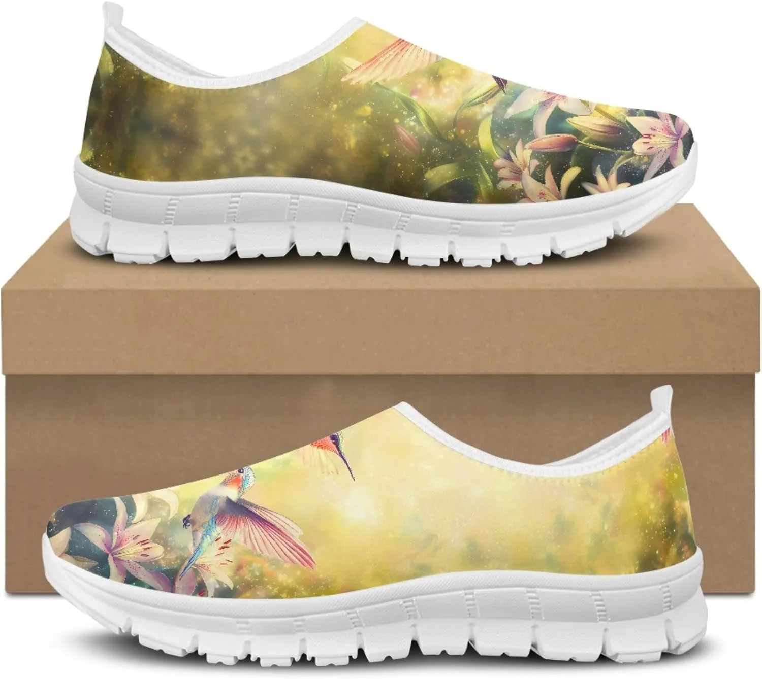 Hummingbird Floral Print Lightweight Walking Shoes for Women Mesh Casual Sneakers Size 5-10.5