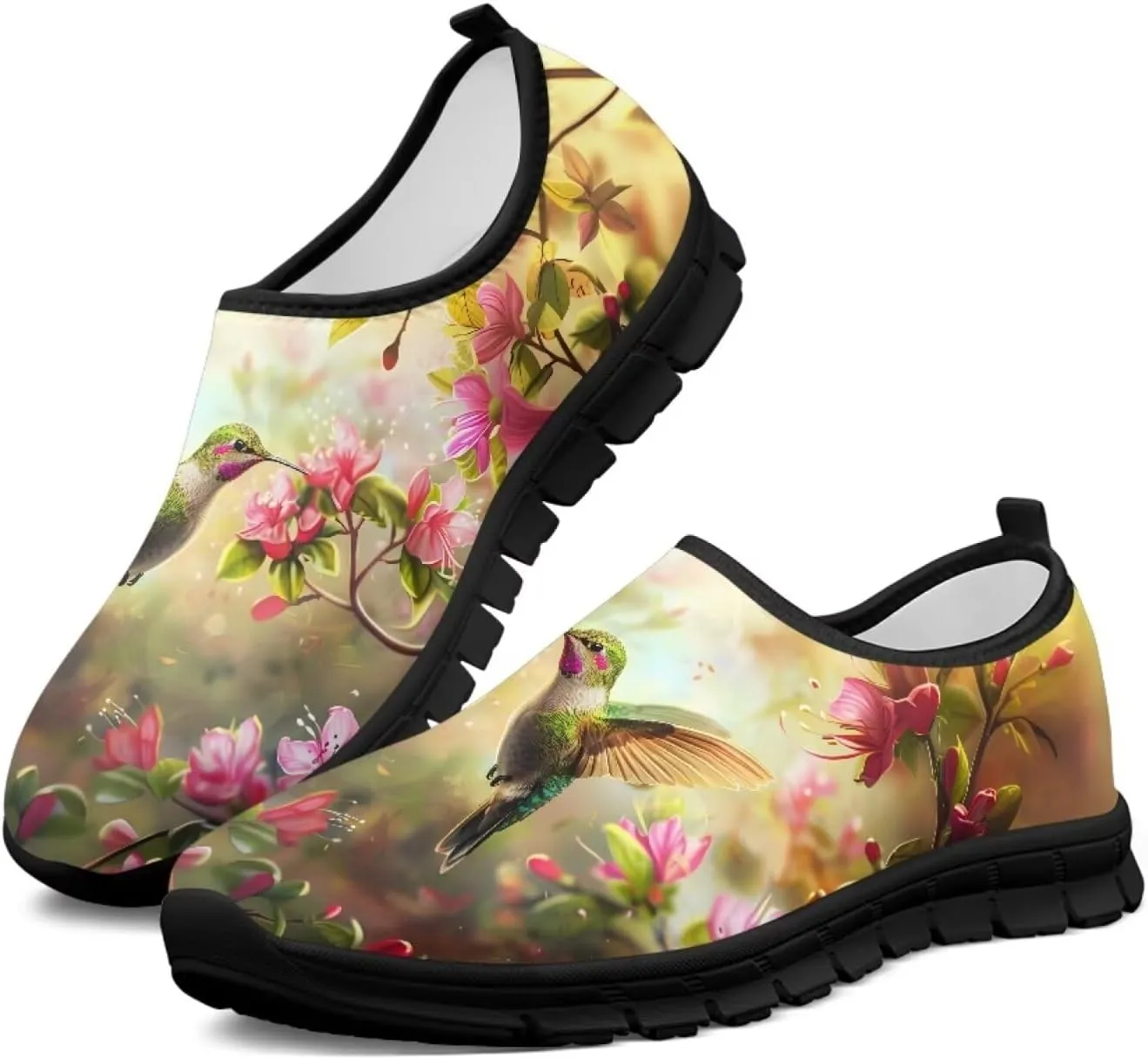 Hummingbirds Print Soft Loafers for Women Casual Trekking Mesh Shoes Non-Slip Walking Flat Shoes for All Seasons