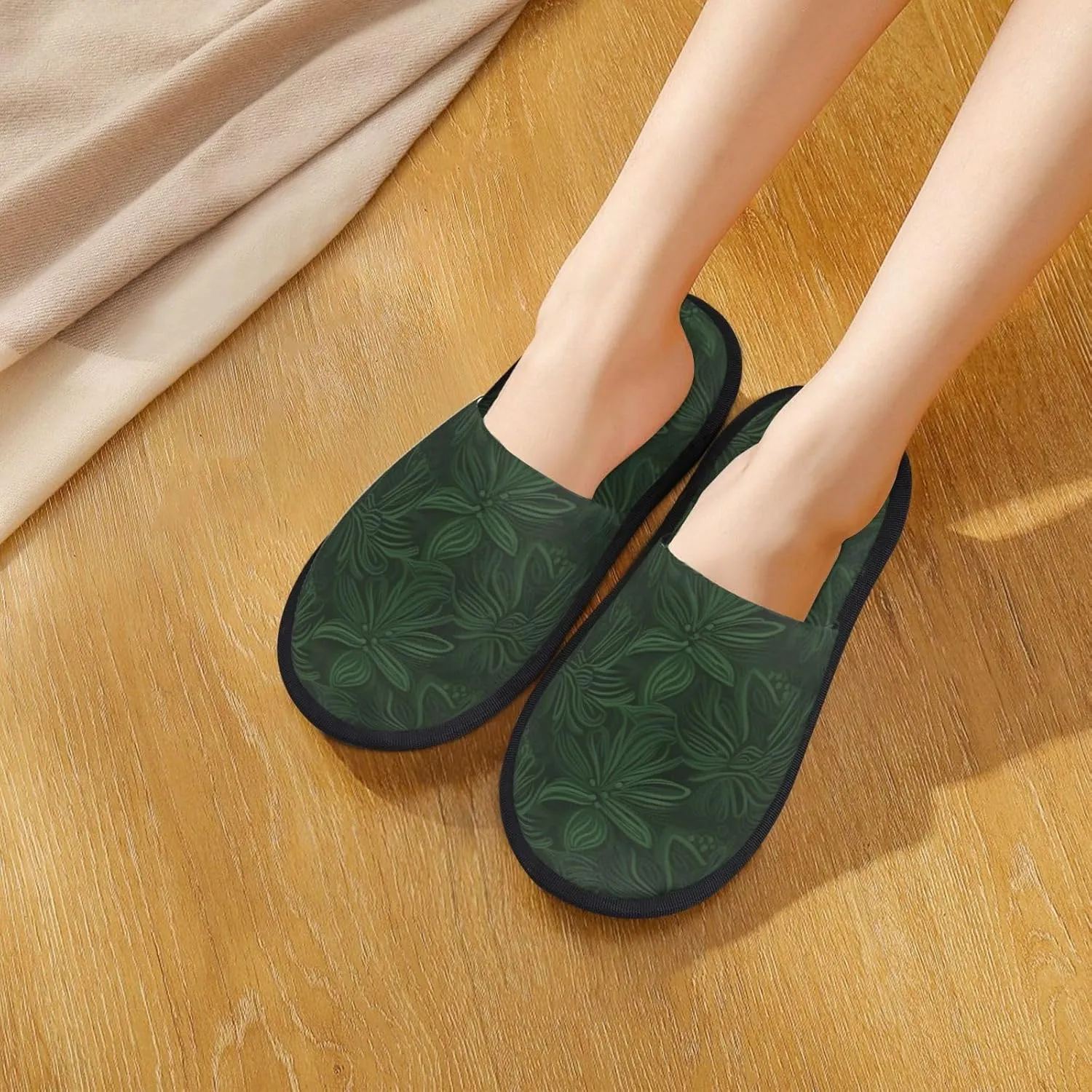 Hunter Green Floral Petals Pattern Printed Slippers Cozy Indoor Slide Unisex House Slippers Soft Plush Slip-on Slippers