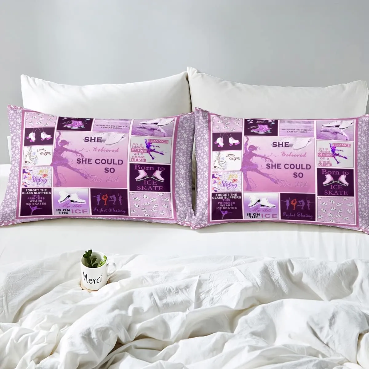 Ice Skating Bedding Set Full Size Girls Pink Grid Sheet Set 4pcs for Kids Teens Women Room Decor Winter Skater Pattern Deep Pocket Fitted Sheet Speed Sports Gaming Bed Sheet,2 Pillowcases
