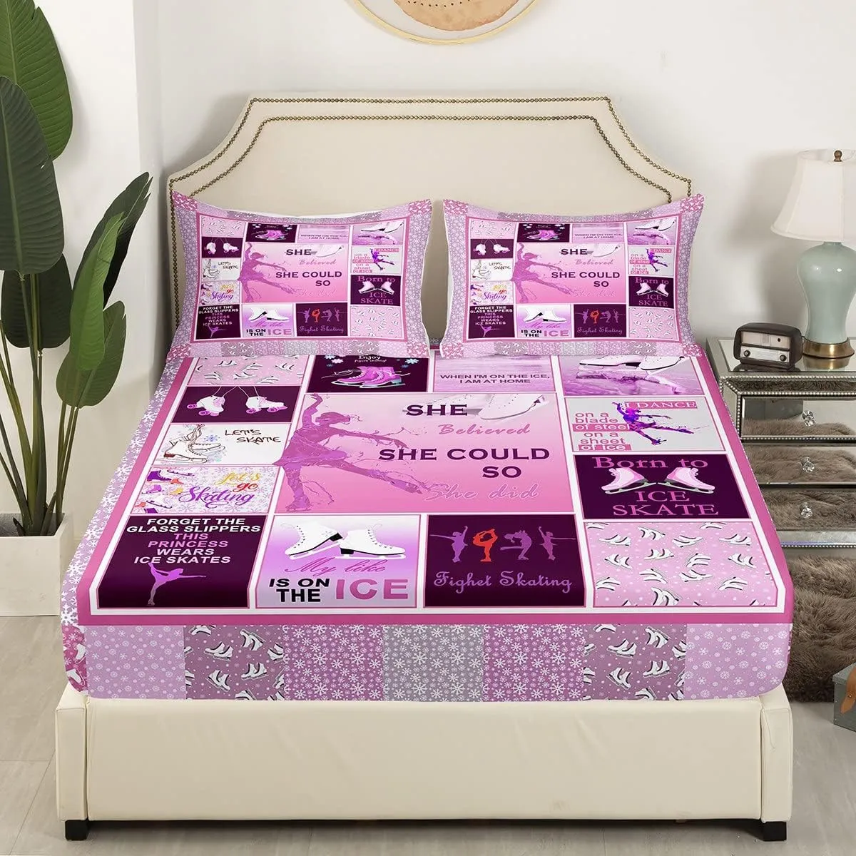 Ice Skating Bedding Set Full Size Girls Pink Grid Sheet Set 4pcs for Kids Teens Women Room Decor Winter Skater Pattern Deep Pocket Fitted Sheet Speed Sports Gaming Bed Sheet,2 Pillowcases