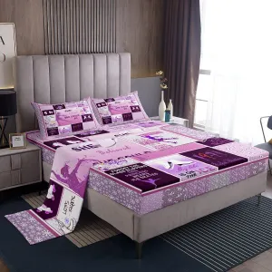 Ice Skating Bedding Set Full Size Girls Pink Grid Sheet Set 4pcs for Kids Teens Women Room Decor Winter Skater Pattern Deep Pocket Fitted Sheet Speed Sports Gaming Bed Sheet,2 Pillowcases