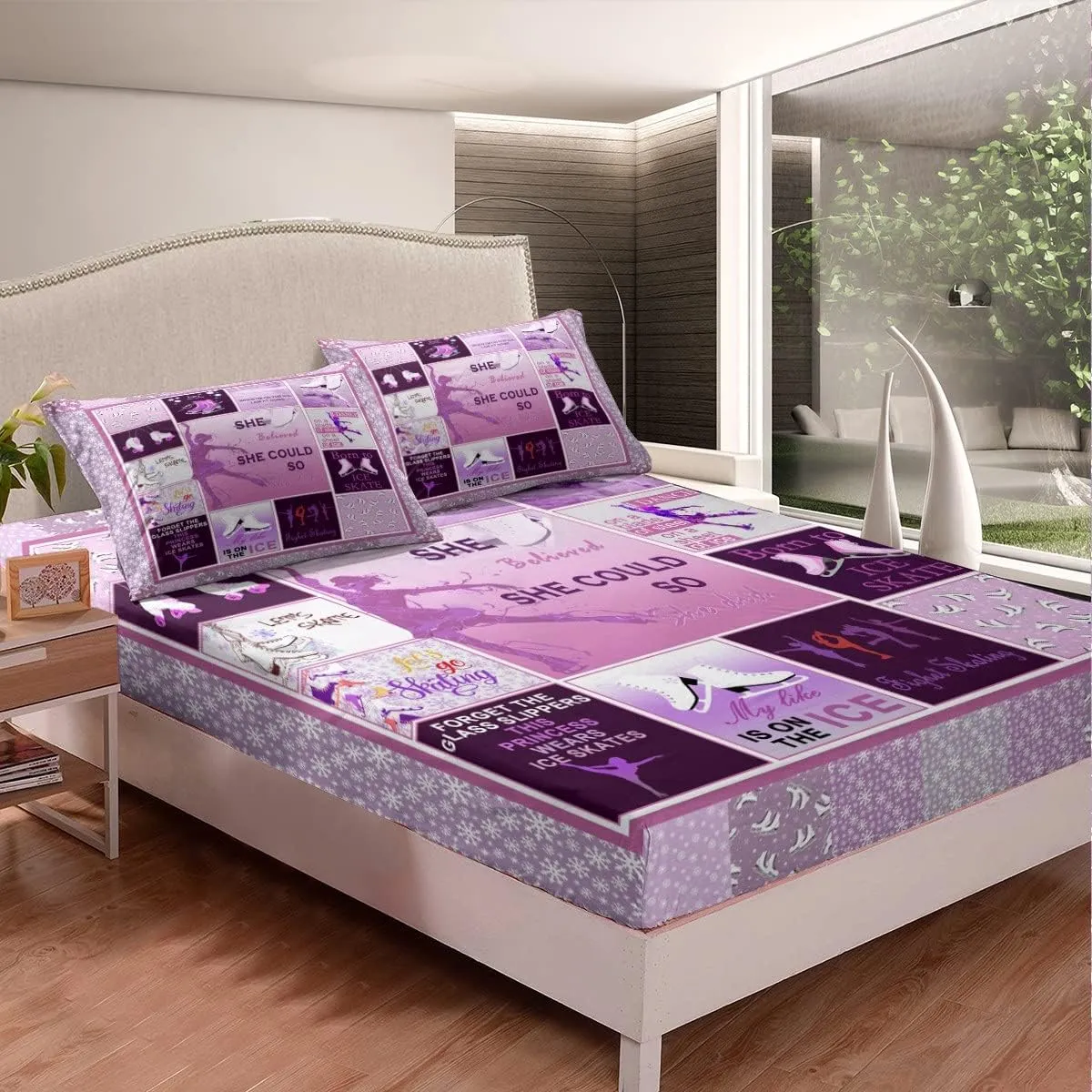 Ice Skating Bedding Set Full Size Girls Pink Grid Sheet Set 4pcs for Kids Teens Women Room Decor Winter Skater Pattern Deep Pocket Fitted Sheet Speed Sports Gaming Bed Sheet,2 Pillowcases