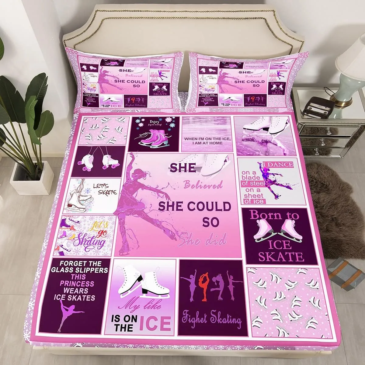 Ice Skating Bedding Set Full Size Girls Pink Grid Sheet Set 4pcs for Kids Teens Women Room Decor Winter Skater Pattern Deep Pocket Fitted Sheet Speed Sports Gaming Bed Sheet,2 Pillowcases